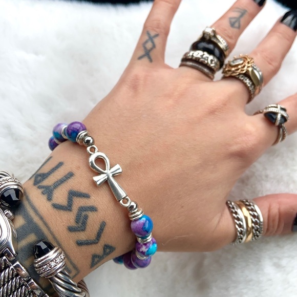 Purple blue snowflake jasper ankh cross bracelet - Picture 2 of 10
